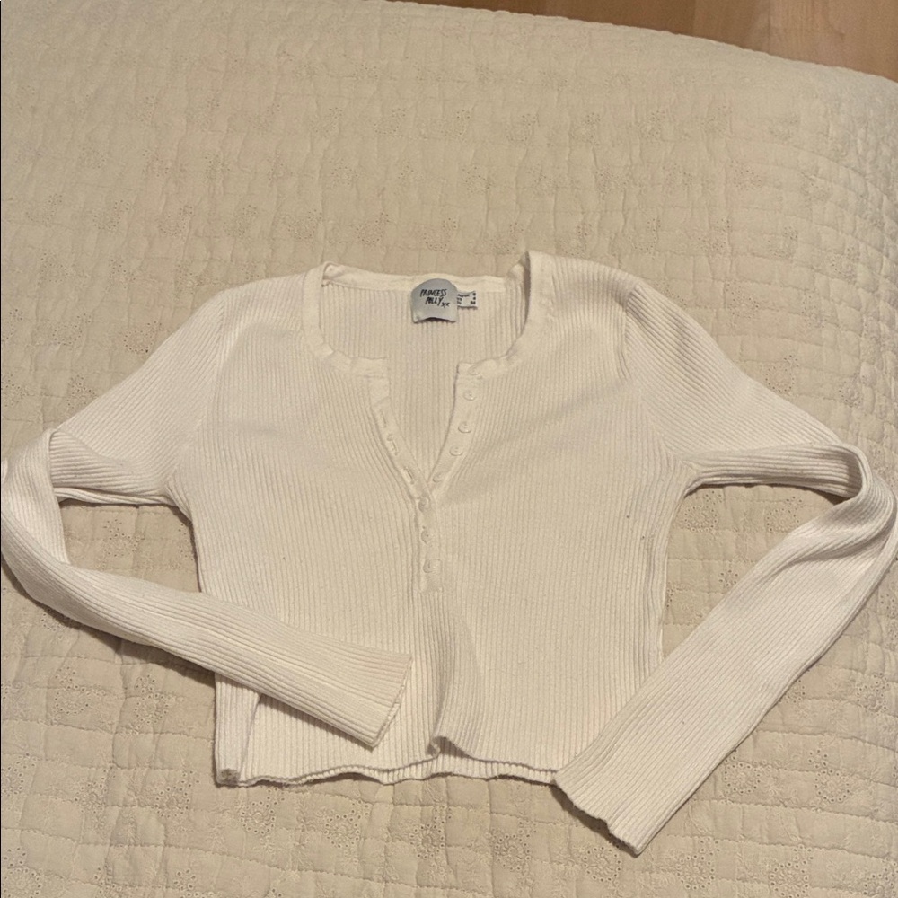 The Ragged Priest White Ribbed Henley Long-Sleeve Crop Top